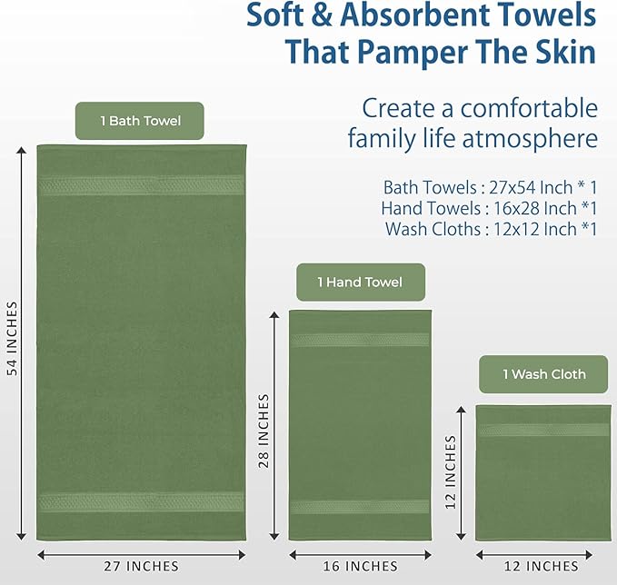 DAN RIVER 100% Ring Spun Cotton 3-Piece Towel Set, Sage-Green, Bath Towel, Hand Towel and Washcloths, 550 GSM - Soft, Absorbent Quick Dry Cotton Towels for Bathroom, Spa, and Gym