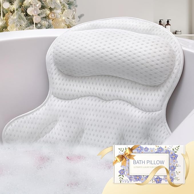 Bath Pillow Luxury Bathtub Pillow, Extra Soft & Comfortable Bath Pillows for Tub Head Neck and Back Support, with 4D Air Mesh Cushions & Non-Slip Suction Cups - Bath Accessories Spa Gifts for Women