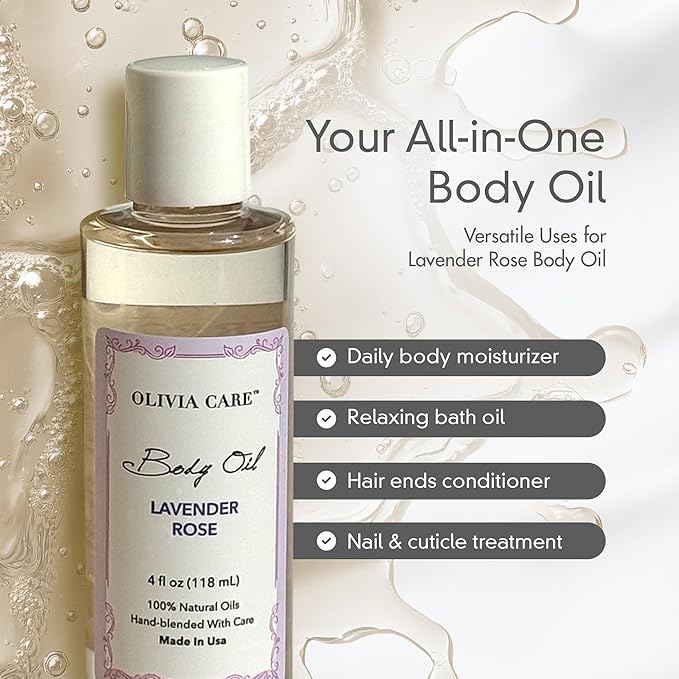 Olivia Care Body Oil Lavender Rose Vegan & Natural Perfume Oil For Women | Hydrating After Bath Oil- Infused with VITAMIN E, K & Omega Fatty Acids - Reduce Dry Skin, Anti-Aging (Lavender Rose)