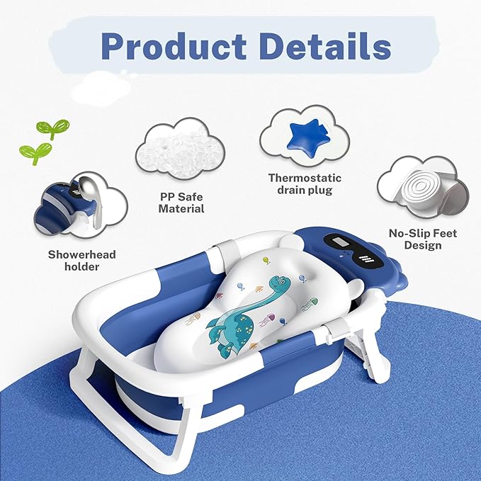 AVIDOR Baby Bathtub,Collapsible Bathtub for Newborn to Toddler,Durable Essential Infant Bath Tub,Portable Travel Baby Tub with Soft Bath Net,No-Slip Feet and Dinosaur Shaped (Navy Blue)