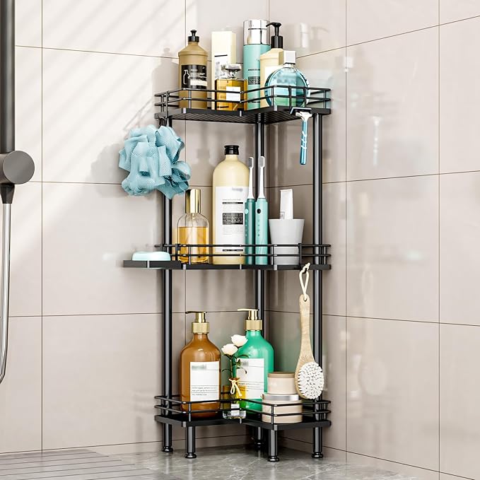 HapiRm Corner Shower Caddy Standing - 3 Tier Shower Organizer Corner with Soap Holder, Rustproof Bathroom Standing Organizer with 4 Hooks, Black