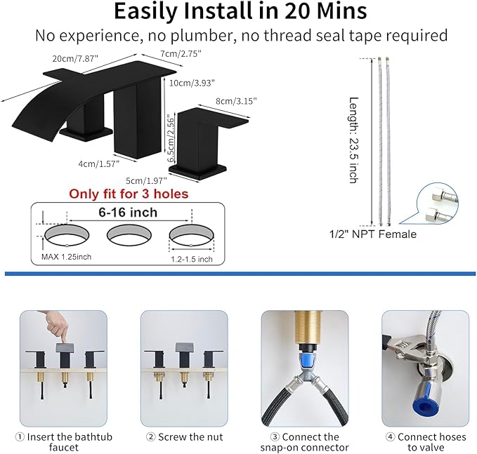RUMOSE Matte Black Roman Bathtub Faucet Set Waterfall Tub Faucets High Flow Widespread 6-16 Inch 3 Holes Deck Mount Tub Filler 2 Handles Bathtub Filler Soaking Bath Faucet