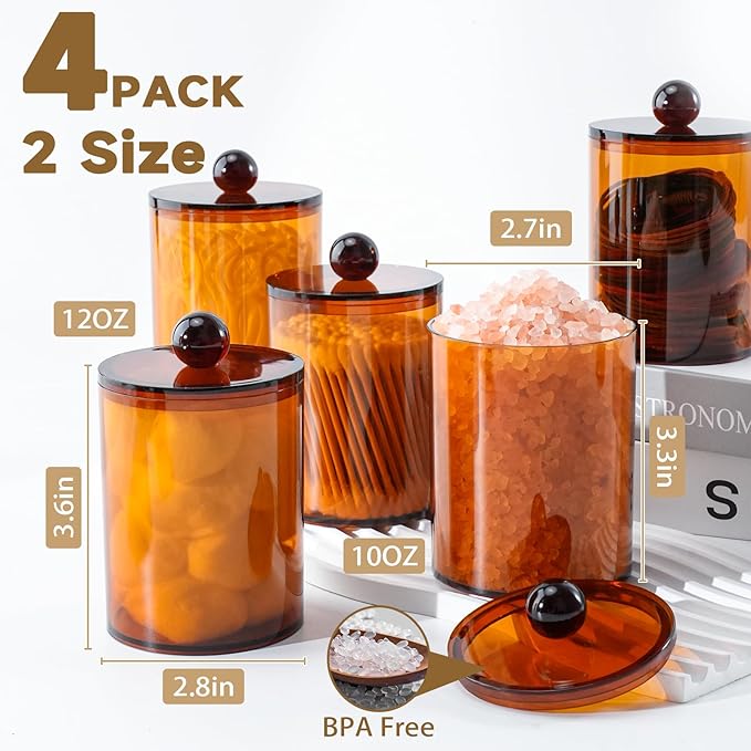 4 Pack Qtip Holder,Canister Apothecary Jar Set, Bathroom Jars with Lids Set for Cotton Swabs, Balls, Pads, Floss Picks,10oz-12oz Plastic Canisters Restroom Bedroom Vanity Organizer(Brown)
