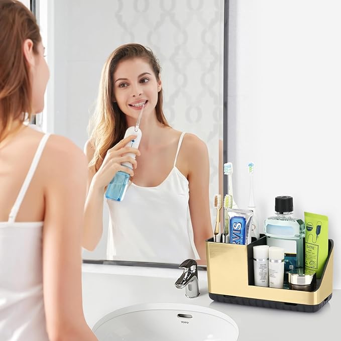 Toothbrush Holders for Bathroom Countertop Organizer, Kids Electric Toothbrush and Toothpaste Holders, Bathroom Accessories Organizer and Storage (Brushed Gold)