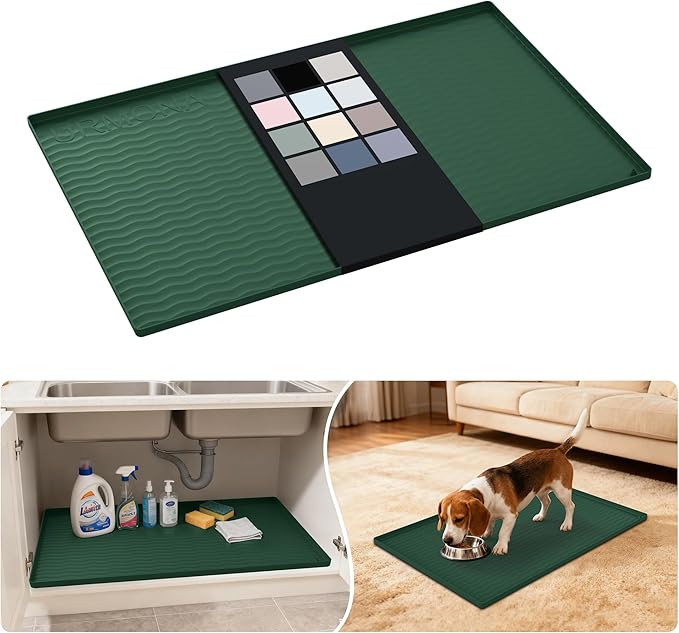 URMONA Waterproof Silicone Under Sink Mat 34'' x 22'' Shelf Liner for Kitchen and Bathroom, Cabinet and Counter Protector, Storage and Organizers, Litter Mat, Pet Cat Puppy Essentials(Green)