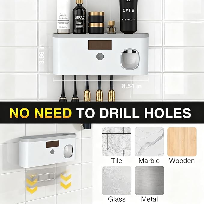 Wall Mounted Toothbrush Holder with Toothpaste Dispenser Electric Toothbrush Holder for Bathroom Solar Charging and No Drilling Required Smart Toothbrush Organizer with 5 Brush Slots