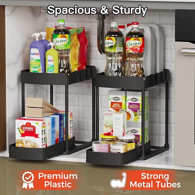 Multi-Purpose Pull-Out Storage Organizers, Under Sink/Cabinet Organizers and Storage for Bathroom & Kitchen, Black, 12.8 Inches, 2 Packs