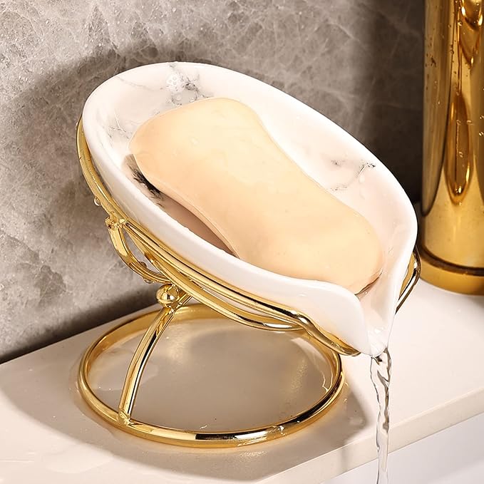 Leaf-Shaped Ceramic Soap Dish with Drain, Holder, Saver, Tray, Bar Soap Holder, Easy Cleaning, for Shower Bathroom Kitchen Sink Bathtub, Pro-Environment White