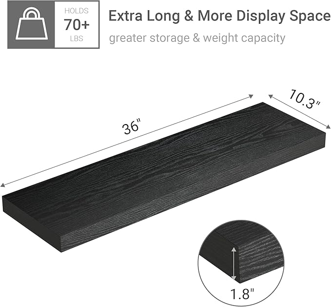 Vivelove Black Floating Shelves for Wall 10 inch Deep, 36” x 10.3” x 1.8”, Large Wall Shelves for Bedroom, Bathroom, Living Room, Kitchen, Office, Modern Shelf Home Decor with Invisible Bracket