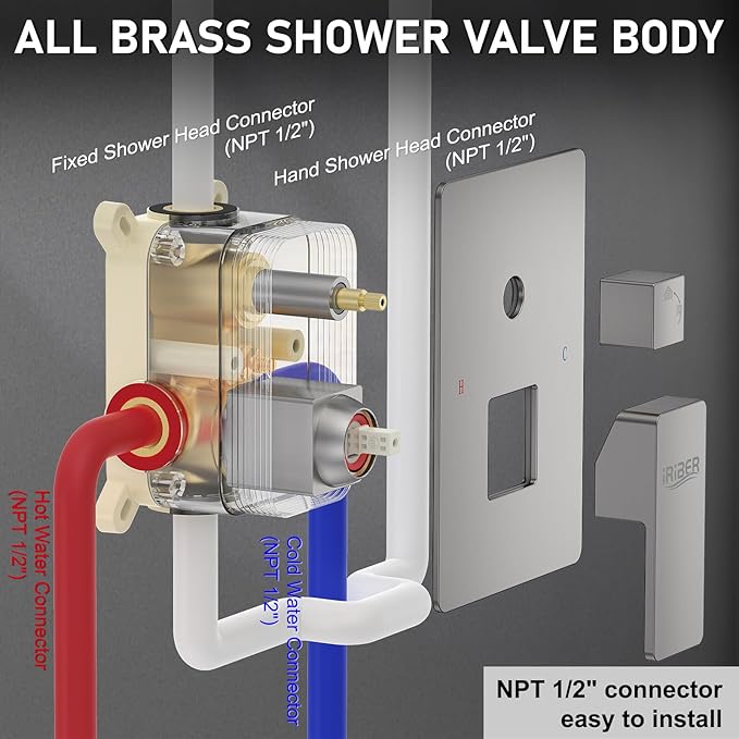 Iriber 12-Inch Rainfall Shower System with Handheld Combo, Brushed Nickel Finish, High Pressure Brass Shower Set