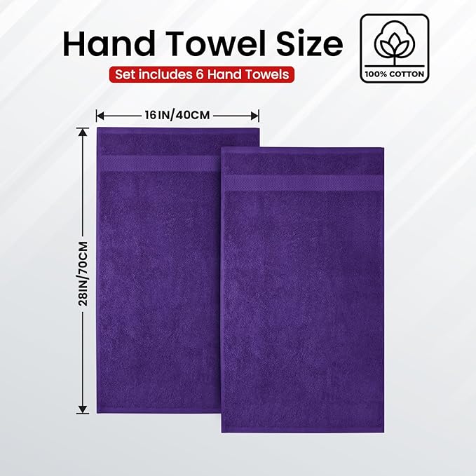 Infinitee Xclusives Purple Hand Towels for Bathroom - Set of 6 (16x28 inches) 600 GSM, 100% Cotton Ultra Soft, Quick Drying, Hotel Quality Hand Towel Set (Profound Purple)