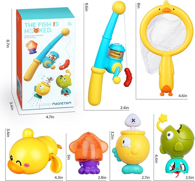 Baby Bath Toys for Kids Ages 1-3, Magnetic Fishing Games with Floating Bathtub Wind-Up Toys & Fishing Net, Fishing Rod Water Pool Toys for Toddlers 1-3