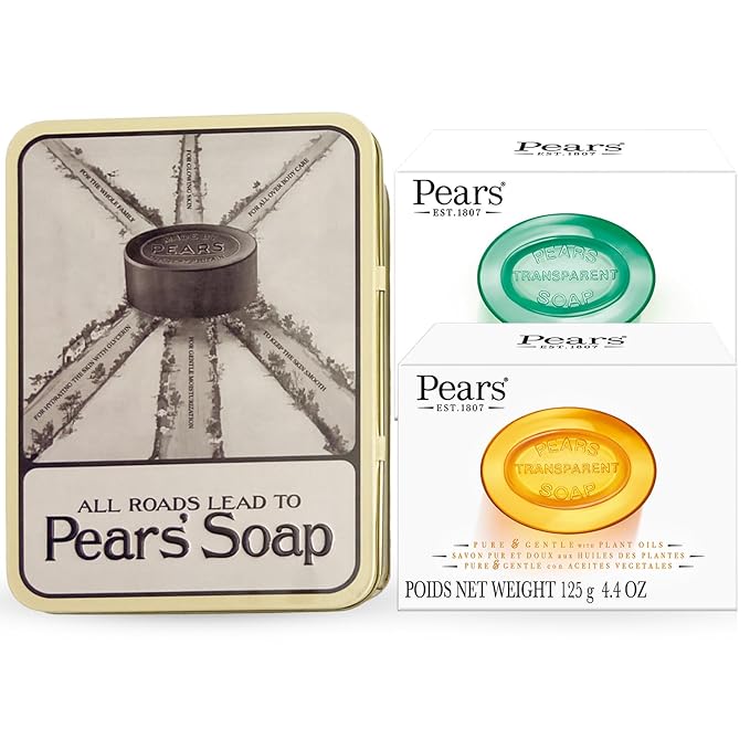 Pears Soap Gift Set, Vintage Tin with 2 Transparent Glycerin Soaps (Amber & Green) for Glowing Skin, 4.4 Oz Ea