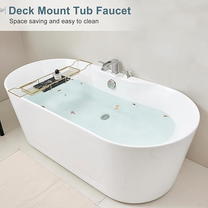Brass Roman Tub Faucets, High Flow Waterfall Deck Mount Bathtub Faucet Set, Widespread 3 Hole with Dual Handles & Pre-Installed Hose, Modern Style Suit Soaking Tub, Chrome
