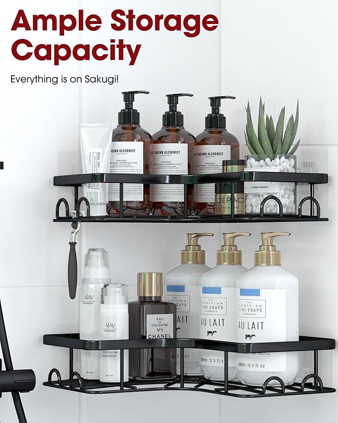 Corner Shower Caddy - 2 Pack, Adhesive Shower Organizers, Rustproof Stainless Steel Shower Shelves with 8 Hooks, No Drilling Bathroom Organizers and Storage Racks, Space-Saving, Black, Large