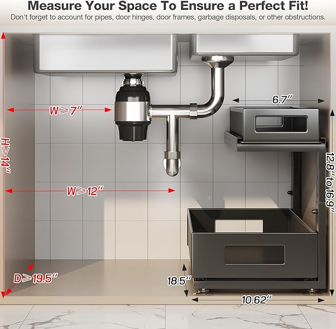 2 Pack 18.5IN-Depth Under Sink Organizer With Next-Gen Ball-Bearing Slides,2-Tier Pull Out Cabinet Storage,Height Adjustable Drawer Shelf for Bathroom,Kitchen,Laundry,Cabinet,Pantry-Black