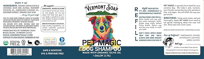 Vermont Soap Organics Pet Shampoo - Organic & Natural Olive Oil, Coconut & Aloe Vera Dog Shampoo for Sensitive Skin - USDA Certified Grooming Pet Shampoo - Original Citrus (128oz)