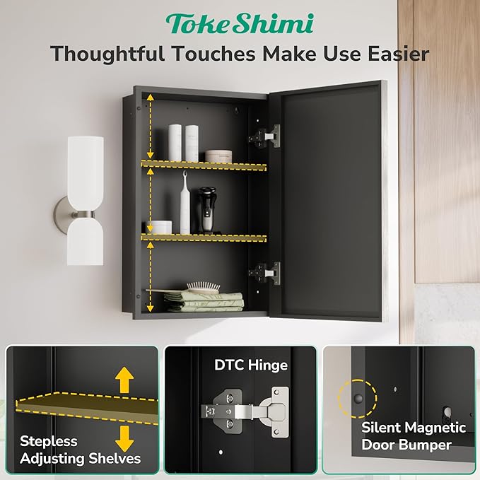 TokeShimi 24x30 Bathroom Mirrored Medicine Cabinet, Recessed Medicine Cabinet with Mirror, Aluminum Framed Brushed Nickel Mirror with Storage Adjustable and Quiet Hinge