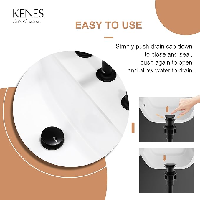 KENES Bathroom Vessel Sink Pop Up Drain Without Overflow Assembly, Lavatory Vanity Sink Drain Stopper, Anti-Clogging Drain Strainer, Matte Black, KE-P300A-2