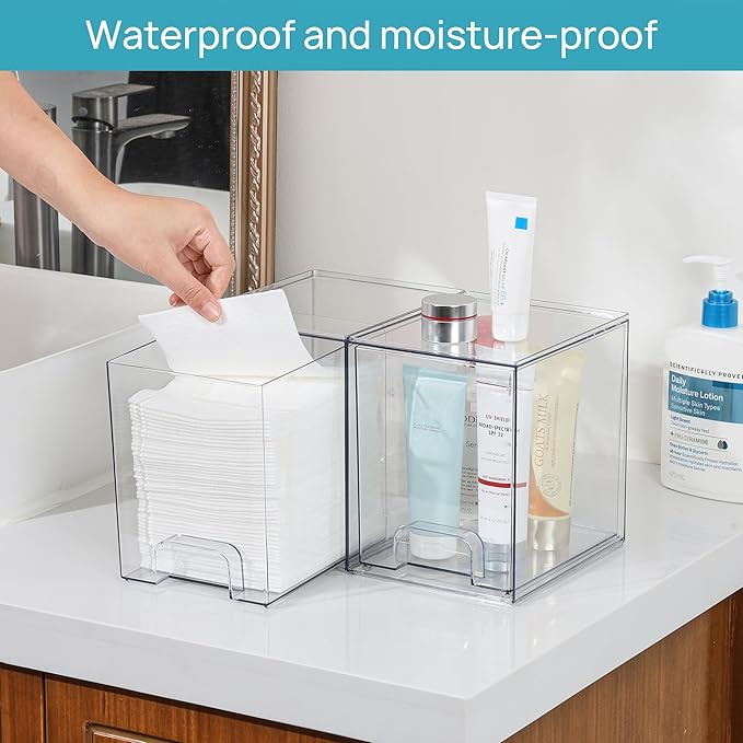 Vtopmart 7.6" H Clear Stackable Storage Drawers, 2 Pack Plastic Organizers Bins for Skincare, Cosmetics,Beauty Supplies,Ideal for Vanity, Bathroom,Kitchen Countertop,Cabinet Organization