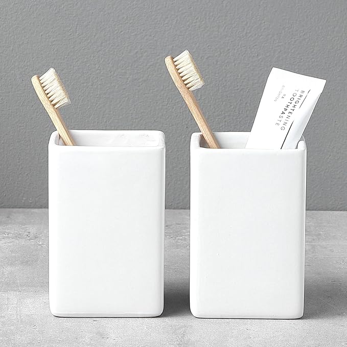Toothbrush Holders for Bathrooms - 2 Cups Ceramic Square Toothbrush Toothpaste Holders Set, White Square Bathroom Tumbler Cups Reusable Toothbrush Mouthwash Cup, Bathroom Counter Organizer.
