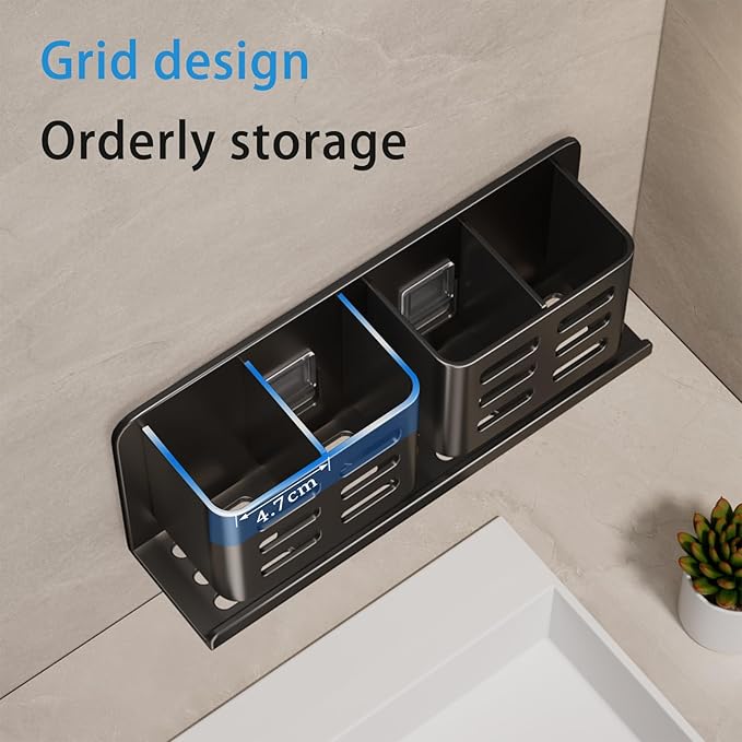 Aluminum Toothbrush Holder Self-Adhesive Hanging Bracket Shower Toothbrush Razor Holder Suitable for Toothbrush, Toothpaste, Razor and Comb etc Bathroom Storage