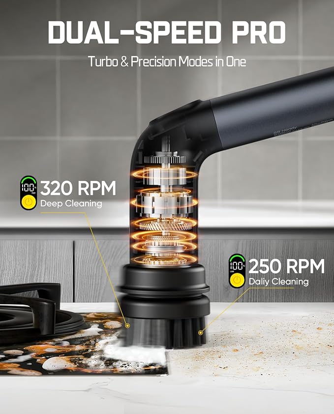 Fanttik G9 Handy Cordless Electric Spin Scrubber, MagnaStorm Motor, Dual-Speed, 5 Brush Heads, LED Display, IPX7 Waterproof, 2500mAh with Type-C Charging, for Kitchen, Sink, Tile, Stove