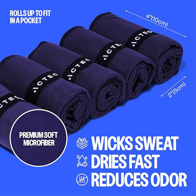Acteon Microfiber Gym Towels 5 Pack, Quick Dry Silver ION Odor-Free Super Absorbent Sweat Towels for Men & Women, Workout, Yoga, Running, Beach, Travel – 16x30.5 Inch (Midnight Blue)