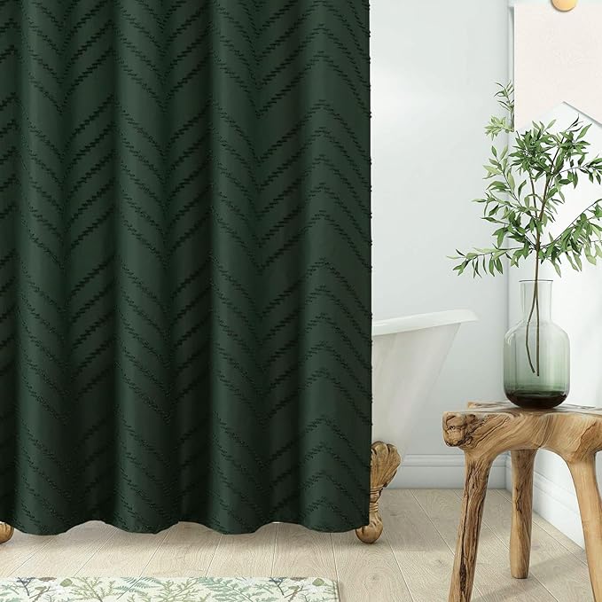 78inch Extra Long Dark Green Boho Shower Curtain Woven Fabric Shower Curtain Tufted Chervon Textured Shower Curtains Modern Minimalist Shower Curtains for Bathroom