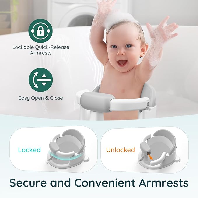 Baby Bath Seat Baby Bathtub - with Strong Suction Cups and 360° Surround Support – Easy Release, Non-Slip Cushion, Lockable Armrests – Infant Bath Chair for Babies 6-24 Months, Grey