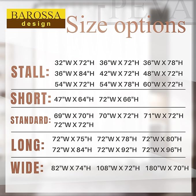 Barossa Design Small Shower Curtain for Shower Stall Size 36 x 72 inches,PEVA - Waterproof, Eco-Friendly, Non-Toxic, Odorless, PVC Free, Metal Grommets (Clear)