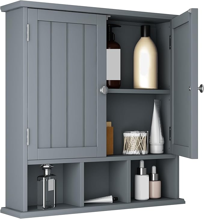 ChooChoo Bathroom Cabinet Wall Mounted 2-Door with 3 Open Shelves, Wooden Medicine Cabinets with Adjustable Shelf, Space Saver Storage Cabinets Over The Toilet for Bathroom&Living Room, Grey