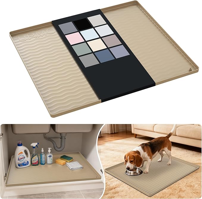 URMONA Waterproof Silicone Under Sink Mat 25'' x 22'' Shelf Liner for Kitchen and Bathroom, Cabinet and Counter Protector, Storage and Organizers, Litter Mat, Pet Cat Puppy Essentials(Khaki)