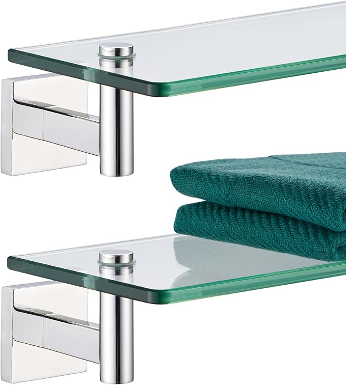 KOKOSIRI Bathroom Shelves Wall Mounted Floating Glass Shelf Polished Stainless Steel 12-Inch Hanging Rack for Storage/Room Decor 2 Pack B1105CH-L12-P2