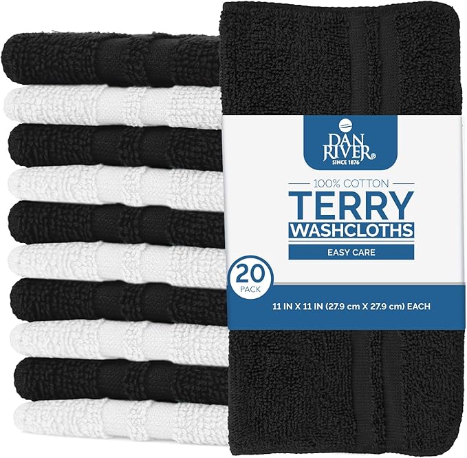 DAN RIVER 100% Cotton Washcloths 20 Pack Premium Quality Face and Body Cloth, Quick Dry Essential Towels for Bathroom, Hand, Kitchen & Cleaning, Baby Washcloths | 11X11 in | 400 GSM | Black+White