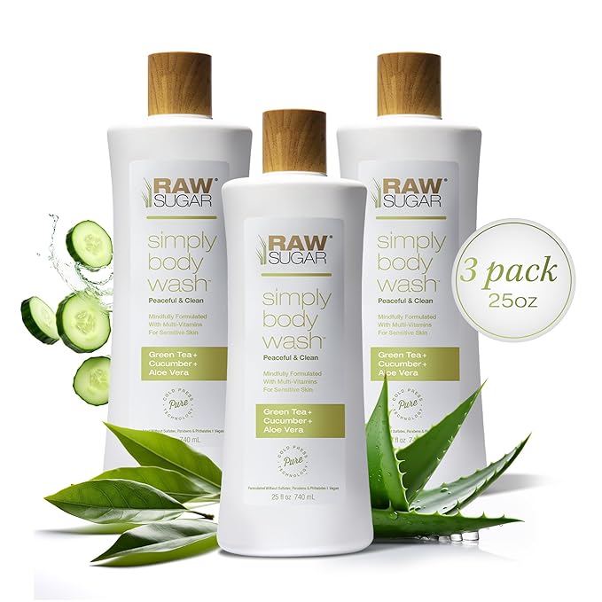RAW SUGAR Sensitive Skin Simply Body Wash - Green Tea + Cucumber + Aloe Vera, Moisturizing & Brightening Bath & Shower Gel, Sulfate-Free, Paraben-Free & Vegan (Pack of 3)