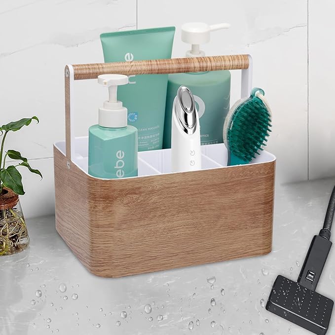 Shower Caddy Portable for College: Devided Bathroom Caddy Shower Basket for Dorm with Handle, Plastic Bathroom Counter Organizer Storage Tote Bin for Dorm,Kitchen,Cabinet, Wood Grain