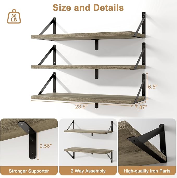 Fun Memories Floating Bookshelves, Set of 3 Wall-Mounted Wood Shelves 24" W x 8" D, Decorative Wall Shelf for Living Room, Bedroom, Bathroom, and Laundry Room (Grey)