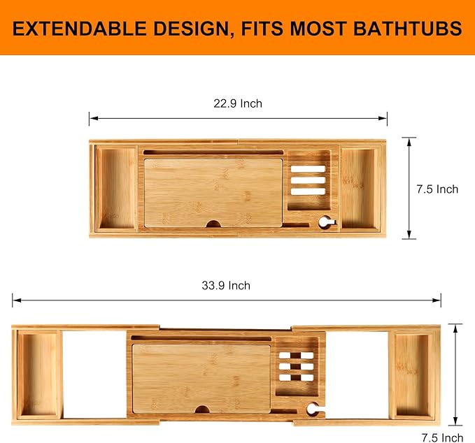 Premium Bamboo Bathtub Caddy Tray with Extending Sides, Adjustable Wood Bath Tray for Luxury Bath, Fits Most Tubs, Accessories Gift Idea