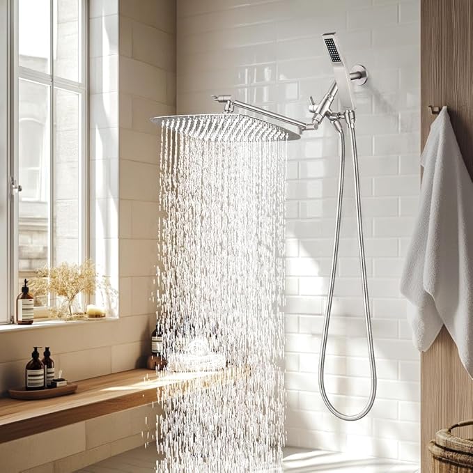 G-Promise All Metal 14 Inch Dual Square Shower Head with Handheld Spray Combo, Rain Shower Head, Adjustable Extension Arm, 3-Way Diverter, 71 Inch Extra Long Hose - A Bathroom Upgrade(Brushed Nickel)