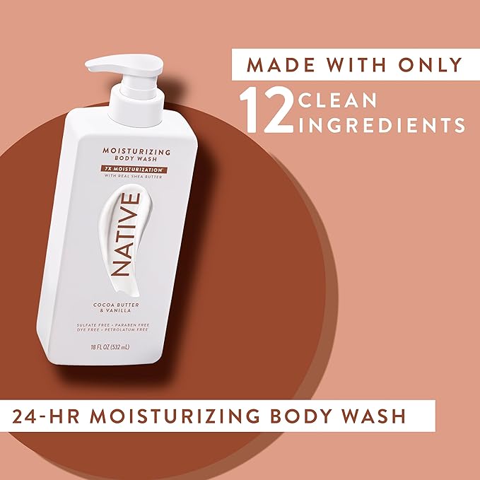Native Moisturizing Body Wash Contains Naturally Derived Ingredients | for Women & Men, Sulfate, Paraben, & Dye Free Leaving Skin Soft & Hydrated | Cocoa Butter & Vanilla 18 oz