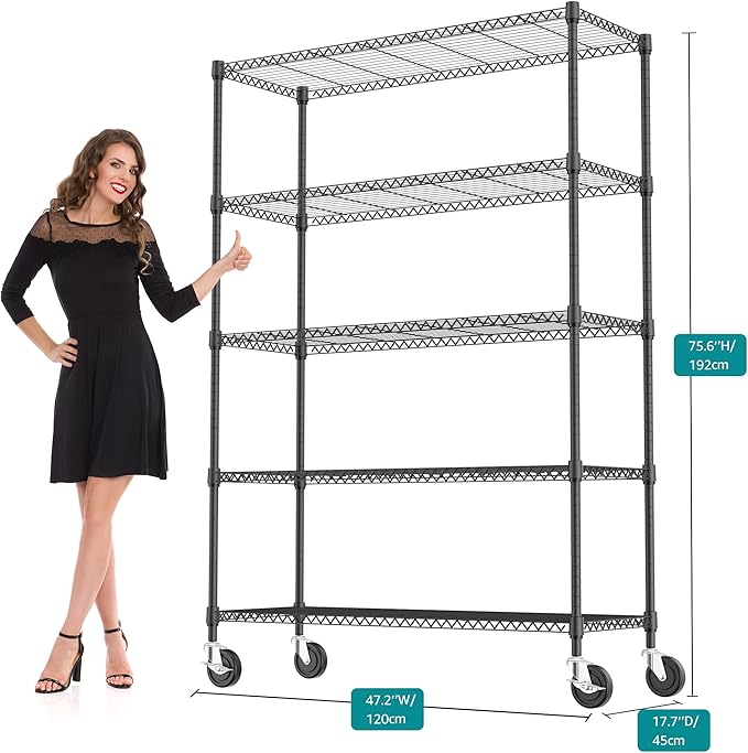 5 Tiers Shelf 1750 lbs Steel Storage Shelving Utility Shelving Unit Steel Organizer Wire Rack for Home,Kitchen,Office,Garage Black 17.7" D x 47.2" W x 76.8" H