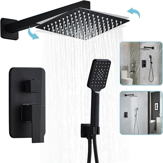 8 Inch Shower System with Tub Spout, Black Shower Faucet Set for Bathroom, Square High Pressure Shower Head, 2-Setting Handheld Faucets Sets, Wall Mounted Rainfall Shower Valve Kit