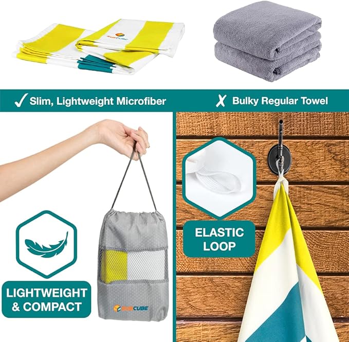 SUN CUBE Microfiber Beach Towel, Quick Dry Sand Free Beach Towel, Lightweight, Compact for Travel Swim Sports Camping, Packable Sand Resistant Towel Adult - Yellow 78x35 Inches