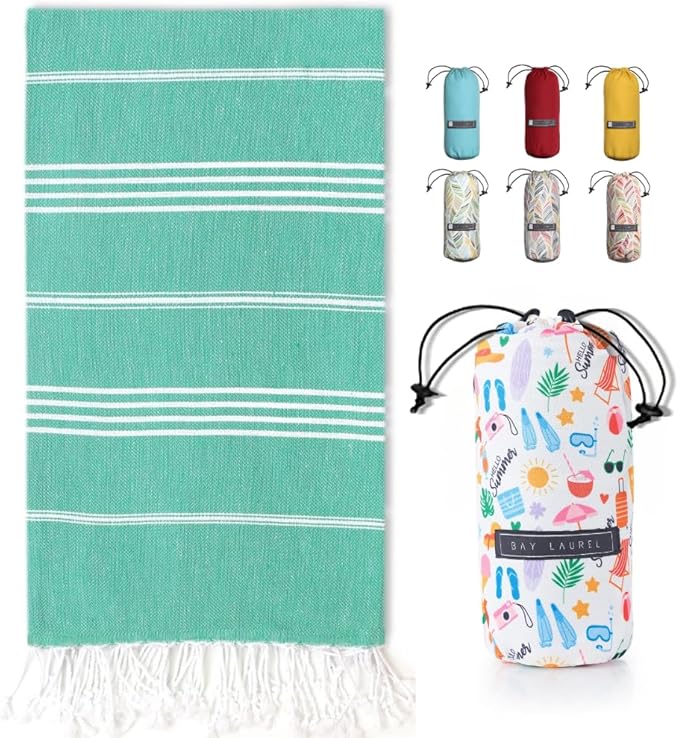 BAY LAUREL Turkish Beach Towel with Travel Bag 39 x 71 Quick Dry Sand Free Lightweight Large Oversized Towels Light