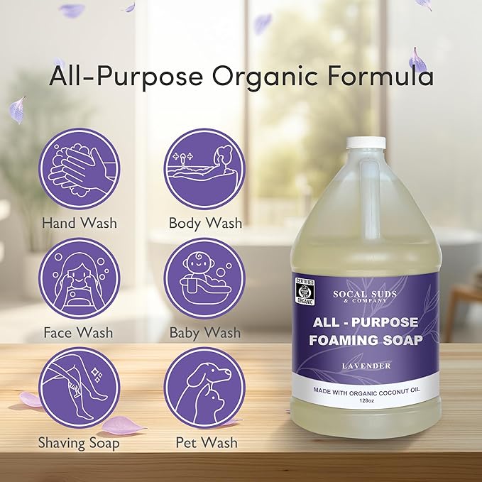 SoCal Suds & Company 128oz Certified Organic Foaming Hand & Body Wash - Gentle Natural Body,Baby & Face Wash for Sensitive Skin, Moisturizing Soap, Hand Soap and More - Lavender