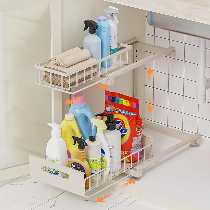 Under Sink Organizer, Heavy Duty Metal Slide Out Sink Shelf Organizer Height Adjustable, Multi-Purpose Storage Shelf for Kitchen Bathroom (Sand,1Pack)