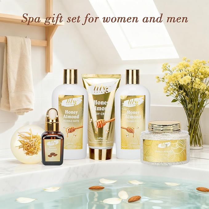 Christmas Gifts for Women - 7-Piece Honey Almond Spa Gift Set, Bath & Body Gift Set, Bath Collection with Bath Bomb | Mothers Day Gifts for Mom, Fathers Day, Birthday Gifts, Holiday Present for Women