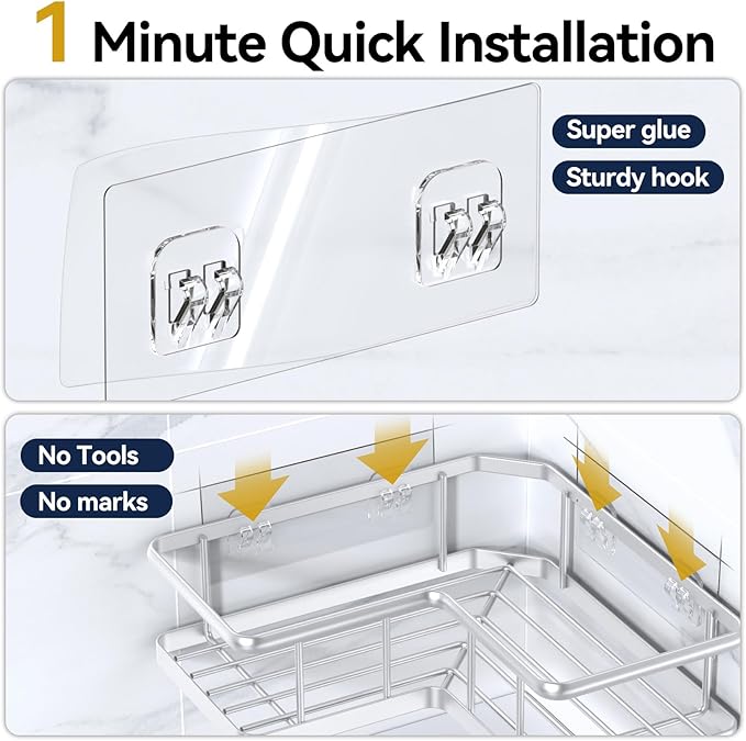 YASONIC Corner Shower Caddy Organizer, 5-Pack Self-Adhesive Rustproof Bath Shelves with Soap Holder & 4 Hooks, Large Capacity Shower Storage Rack for Bathroom Organization, Silver