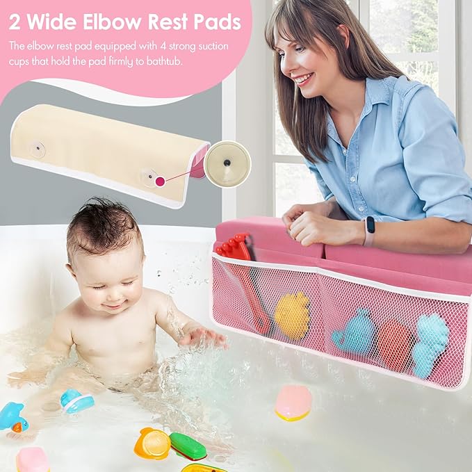 Bath Kneeler and Elbow Rest Pad Set - 2 inch Comfortable Thick Baby Bath Kneeler Pads, with Toy Organizer Pockets - Quick Drying, Foldable, Non-Slip for Baby and Toddler Bathing (Pink)